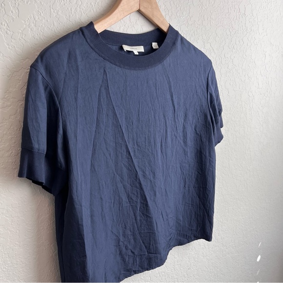 Vince Top Rib Trim Coastal Satin Crepe Crewneck Short Sleeve Relaxed - Picture 7 of 12